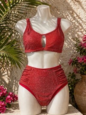 Shimmer Red High-Waisted Bikini Set | Sparkle Swim | Ruched Sides | E239